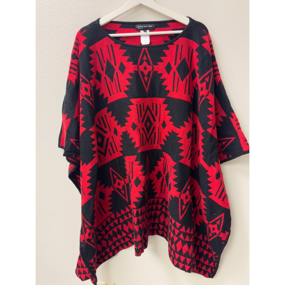 Jones New York Poncho Woman Red Black Geometric Southwestern Knit Aztec Boho